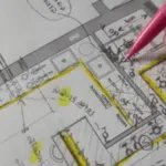 un foglio dove è disegnato un progetto di una ristrutturazione